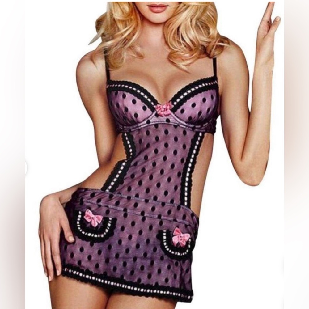 NWT Victoria’s Secret RARE SEXY LITTLE THINGS Black Dot Pink bows Apron 36C